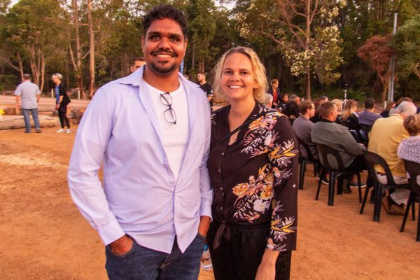 Perth artists Peter Farmer Jnr (L) and Kylie Graham (R) who were part of the group that painted Worl Wangkiny. Image Credit: Geoff Scott