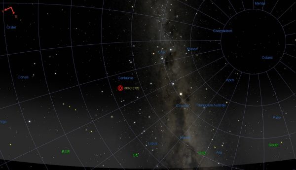 Supernova discovered by Australian amateur astronomers Peter Marples and Greg Bock of BOSS in the galaxy NGC 5128 (Hamburger Galaxy). Image Credit: Celestia