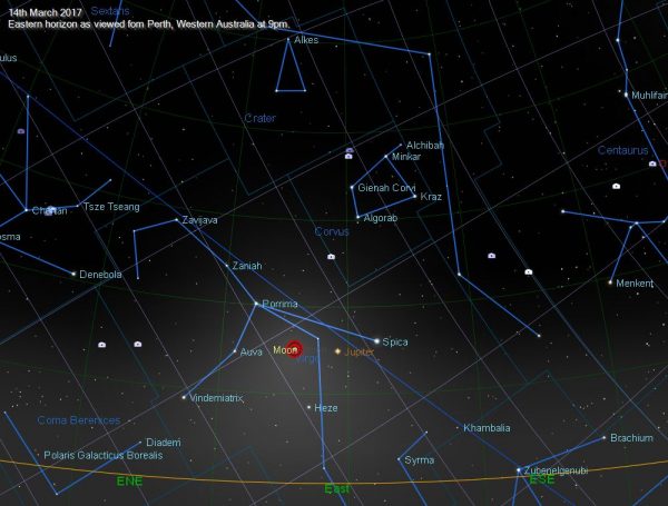 The Moon, Jupiter and Spica as viewed from Perth at 9 pm on the 15th March 2017. Image Credit: The Sky X