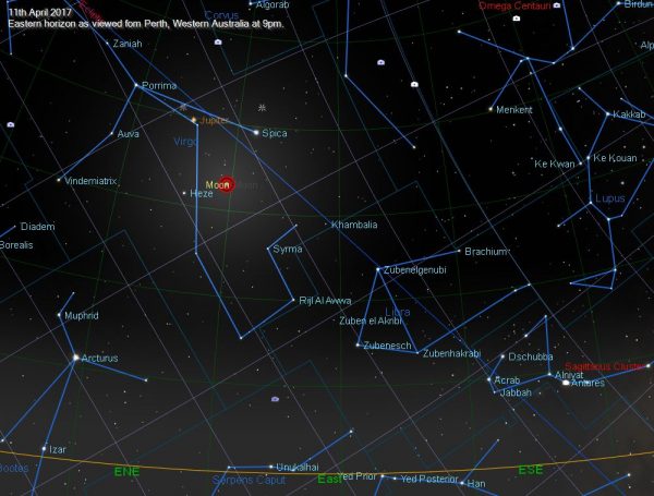 The Moon, Jupiter and Spica as viewed from Perth at 9 pm on the 11th April 2017. Image Credit: The Sky X