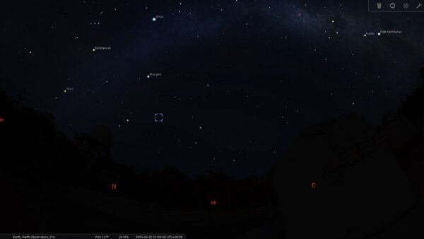 Beehive Cluster on the 15/03/23 at 09:00 pm. Image Credit: Stellarium