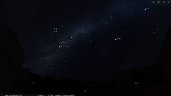Omega Centauri on the 15/04/23 at 09:00 pm. Image Credit: Stellarium