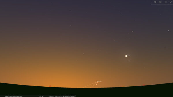Mercury's greatest elongation in the East on the evening of the 11/04/2023. Image Credit: Stellarium