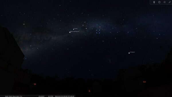 Southern Pleiades on the 15/05/23 at 9:00pm. Image Credit: Stellarium