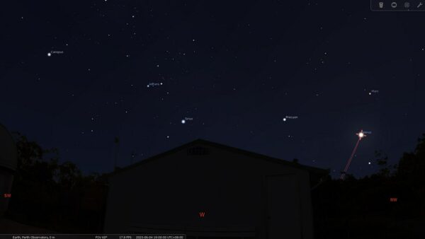 Venus's greatest elongation in the East on the evening of the 04/06/23. Image Credit: Stellarium