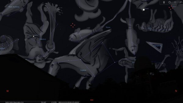 Jupiter, Saturn, Uranus, and Neptune on the 15/12/23 at 09:00 pm. Image Credit: Stellarium