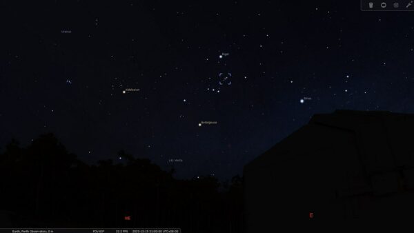 Orion Nebula on the 15/12/23 at 09:00 pm. Image Credit: Stellarium