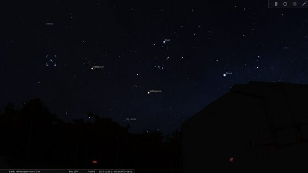 The Pleiades on the 15/12/23 at 09:00 pm. Image Credit: Stellarium