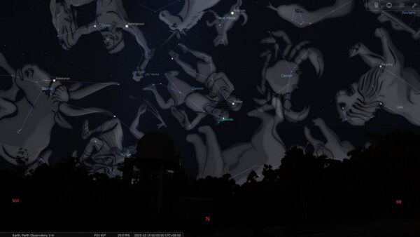 Geminids Meteor Shower on the 15/12/23 at 02:00 am. Image Credit: Stellarium