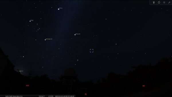 Beehive Cluster on the 15/03/24 at 09:00 pm. Image Credit: Stellarium