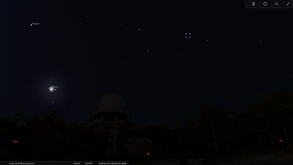 The Leo Triplet on the 15/04/24 at 09:00 pm. Image Credit: Stellarium