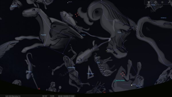 Mercury, Jupiter, Saturn, Uranus, and Neptune in alignment on the 15/06/24 at 06:00 am. Image Credit: Stellarium