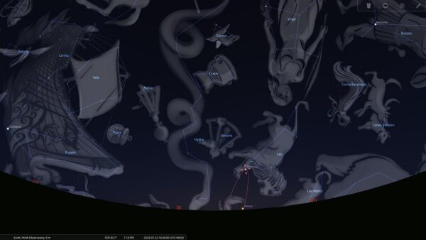 Mercury's greatest elongation in the East on the evening of the 22/07/2024. Image Credit: Stellarium