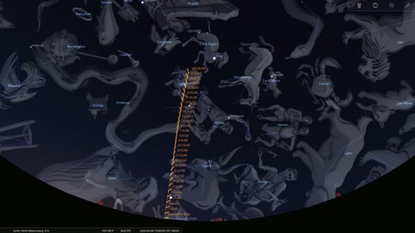 Comet 12P/Pons–Brooks path through the night sky from the 5th of April to 2nd of June. Image Credit: Stellarium