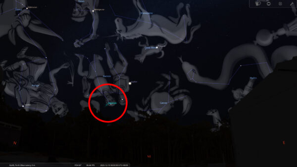 The Geminid's radiant point at midnight on the 15th of Decdmber 2025. Image Credit: Stellarium