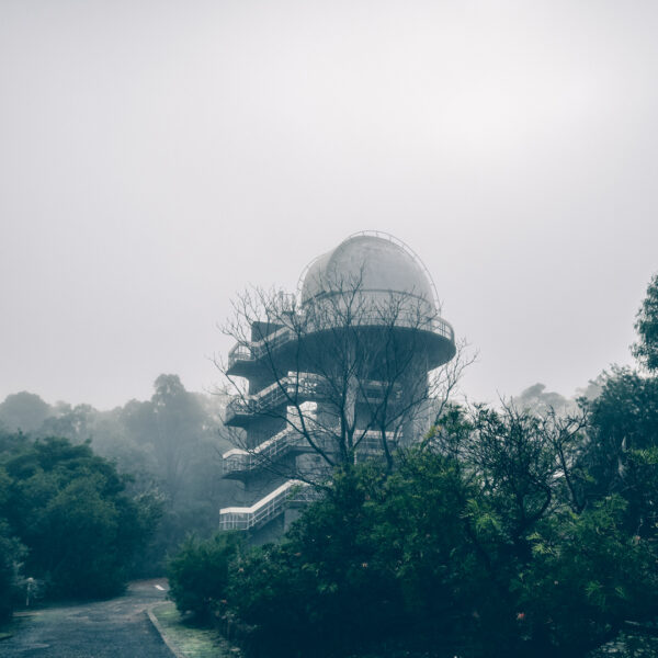 Fog hindering the view of the Perth-Lowell Telescope Dome at the Perth Observatory. Image credit: Matt Woods