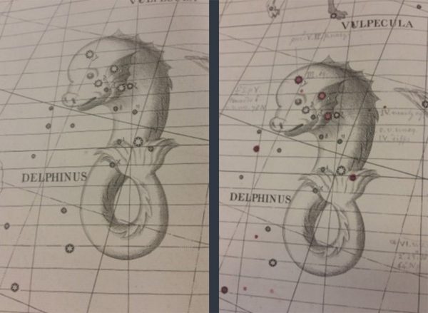 The differences between the 1729 and 1753 versions of the Atlas Celeste. Image Credit: Mary Hughes