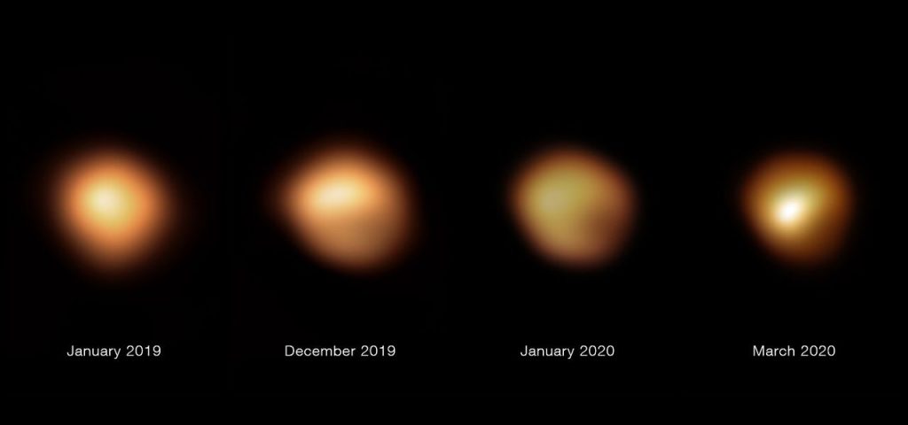 Comparison of SPHERE images of Betelgeuse taken in Jan 2019 and Dec 2019, showing changes in brightness and shape. Image Credit: Spectro-Polarimetric High-contrast Exoplanet REsearch (VLTSPHERE)