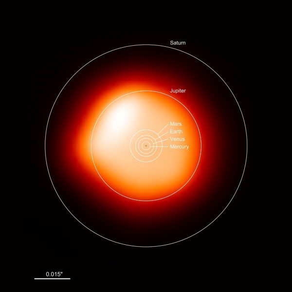 Betelgeuse with an overlaid annotation shows how large the star is compared to our solar system. Image Credit: ALMA