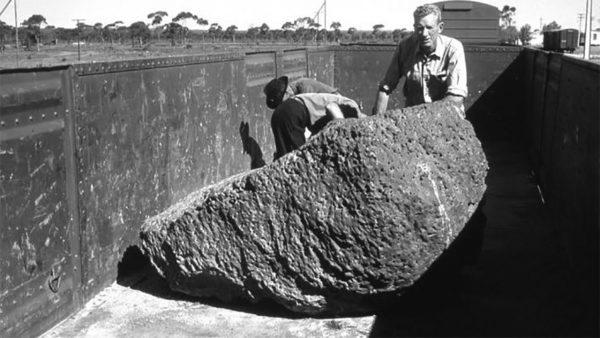 Bill Cleverly, Head of Geology at The Kalgoorlie School of Mines withe the Mundrabilla Meteorite. Image Credit: WA Museum