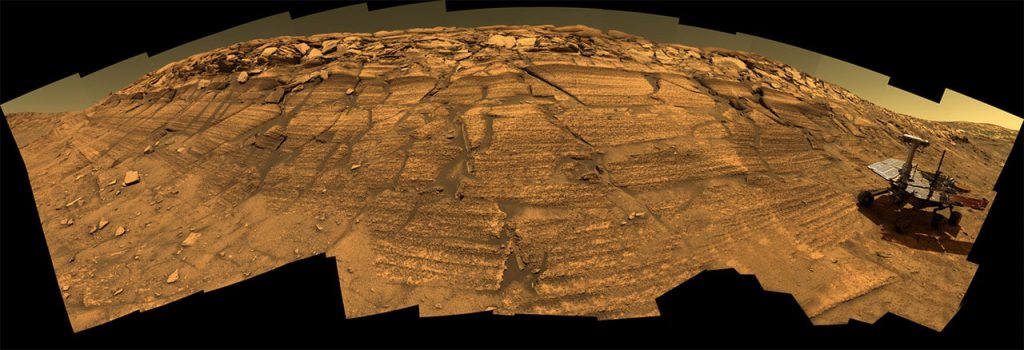 Figure 7: Sedimentary rocks in "Burns Cliff" photographed by the rover Spirit. Image Credit: JPL/NASA