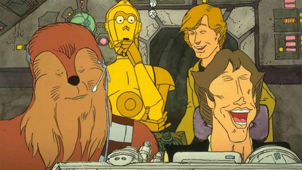 Han, Chewie, Luke Skywalker and 3PO in the Millenium Falcon's cockpit in cartoon form. Image Credit: Disney