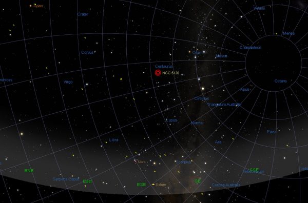 Centaurus A location on 6th of July 2010. Image Credit: Stellarium