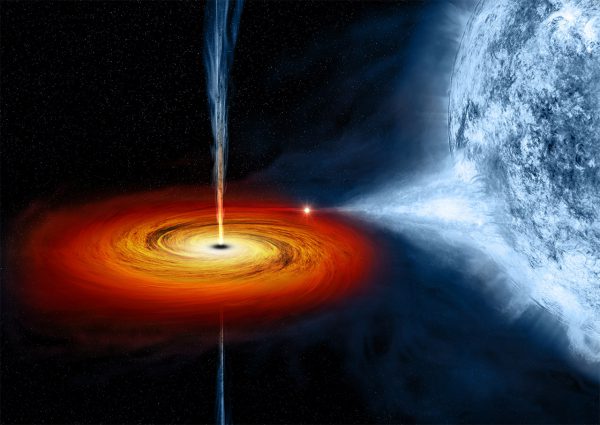 An artist's drawing a black hole named Cygnus X-1. It formed when a large star caved in. This black hole pulls matter from blue star beside it. Image Credit: NASA/CXC/M.Weiss