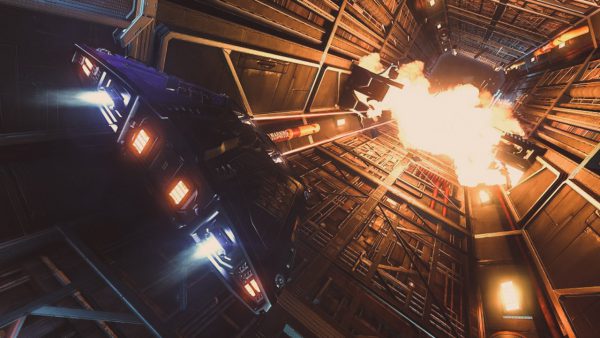 The Cobra spacecaft inside a space station blowing up in Elite Dangerous. Image Credit: Frontier Developments plc