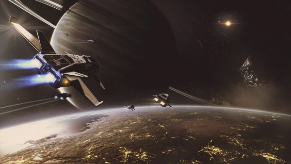 Concept Image of the Dolphin and a space station in Elite Dangerous. Image Credit: Frontier Developments plc