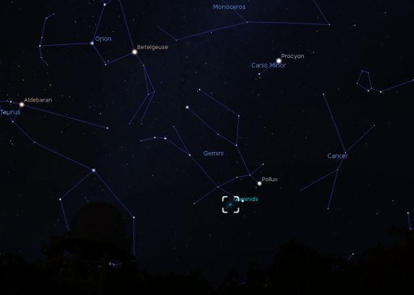 Where to look for the Geminids in 2015. Image Credit: Stellarium