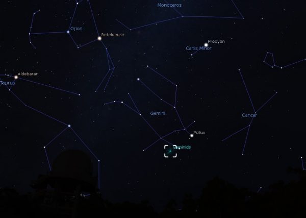 Where the Geminids meteor shower appear to comes from. Image Credit: Stellarium