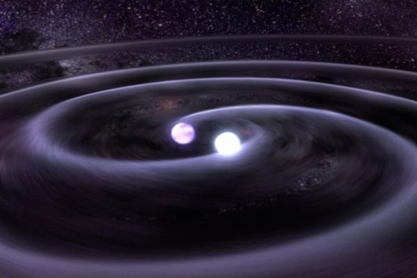 Gravitational waves being created by two orbiting neutron stars. Image Credit: Space.com
