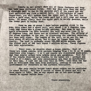 Page 4 of Government Astronomer Bertrand Harris's handwritten response to a member of the public on the topic of Comet Ikeya-Seki in 1965. Image Credit: Dave Labrook