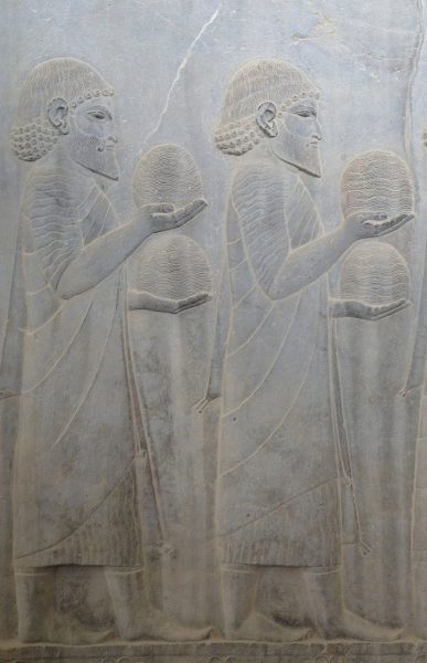 Relief on the southern wall of the east stairway of the Apadana depicting Ionian Greeks carrying what may be beehives, Persepolis, Iran. Image Credit: Carole Raddato