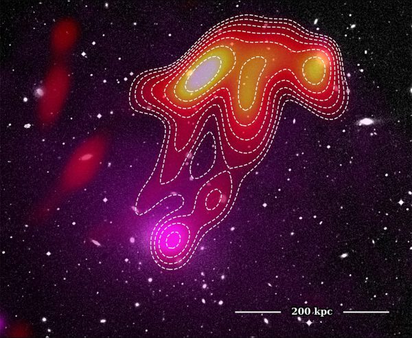 A composite image of the USS Jellyfish in Abell 2877 showing the optical Digitised Sky Survey (background) with XMM X-ray data (magenta overlay) and MWA 118 MHz radio data (red-yellow overlay). Image Credit: Torrance Hodgson, ICRAR/Curtin University