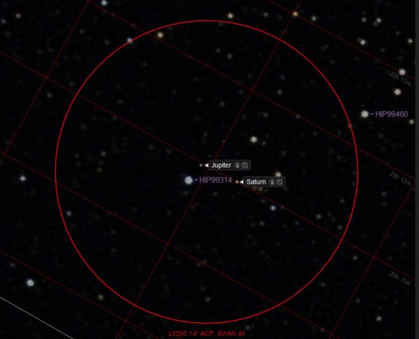 Jupiter and Saturn in a Meade 14 LX200 with a Swan 40mm eyepiece on the 21st of December at 8:21 pm. Image Credit: Geoff Scott