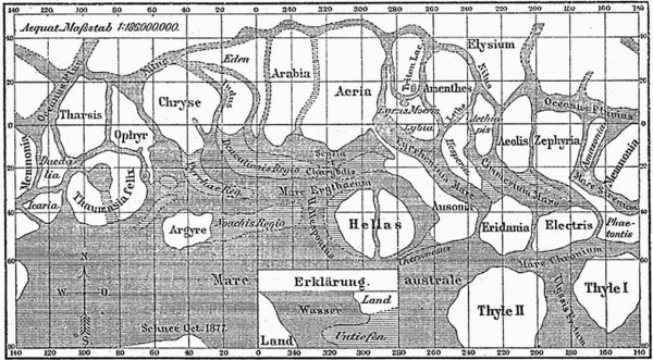 Figure 1: Schiaparelli's map of Mars, showing the "canali". Image Credit: Giovanni Schiaparelli