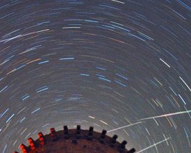 Leonids above Torre de la Guaita banner