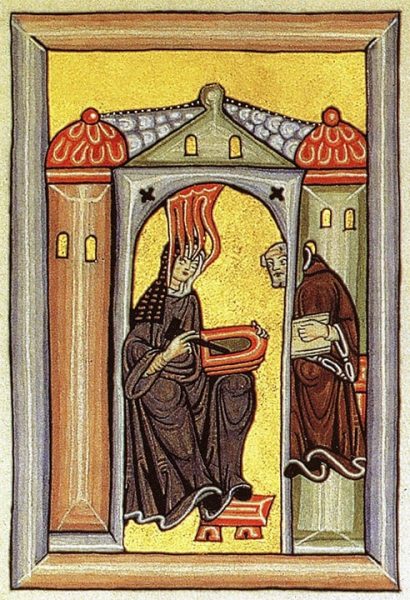 Illumination from the Liber Scivias showing Hildegard receiving a vision and dictating to her scribe and secretary. Image Credit: Wikipedia