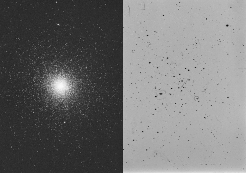 Lowell glass plate L6, 12th/13th of November 1972, 47 Tuc inverted photo and Lowell Plate 1, 8th of November 1972, NGC 2287. Image Credit: Geoff Scott