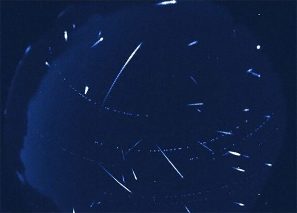 A composite image of meteors in the Lyrid shower over the US state of Texas in 2012. Image Credit: NASA