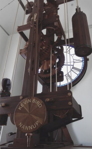 The clock mechanism with the falling weight on the right and the 4m pendulum. Image Credit: Arthur Harvey