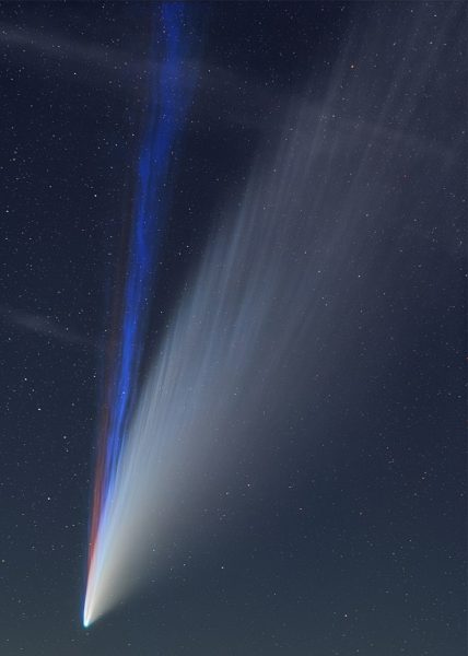 Three Tails of Comet NEOWISE (Blue Ion Tail, Red Sodium Tail, White Dust Tail). Image Credit: Nicolas Lefaudeux