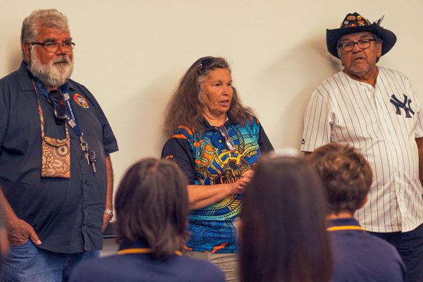 Noel Nannup, Vivienne Hansen, Morton Hansen talking to Follow the Dream students. Image Credit: Edwin Sitt