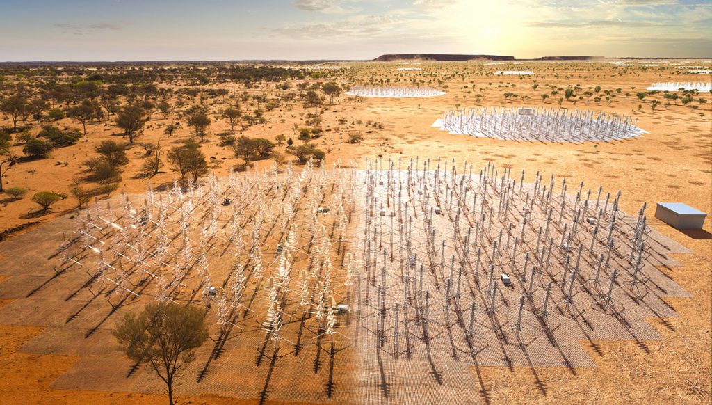 Composite image of the SKA-Low telescope in Western Australia. The image blends a real photo (on the left) of the SKA-Low prototype station AAVS2.0 which is already on site, with an artists impression of the future SKA-Low stations as they will look when constructed. These dipole antennas, which will number in their hundreds of thousands, will survey the radio sky in frequencies as low at 50Mhz. Image Credit: ICRAR and SKAO