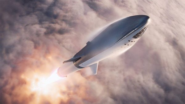 SpaceX released an updated rendering of the Big Falcon Rocket launching into the solar system. Image Credit: Elon Musk/SpaceX via Twitter