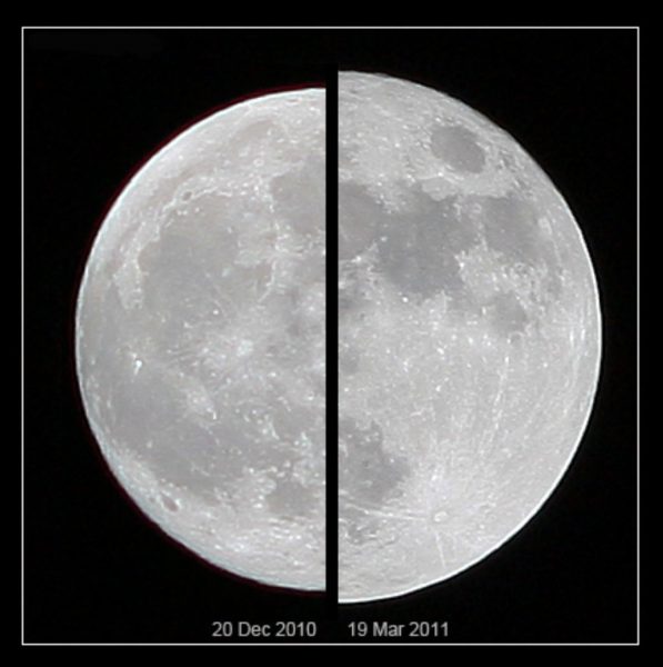 Dec 2010 Comparison of the apparent size of the average moon (left) and March 2011 Supermoon (right). Image Credit: Wikipedia