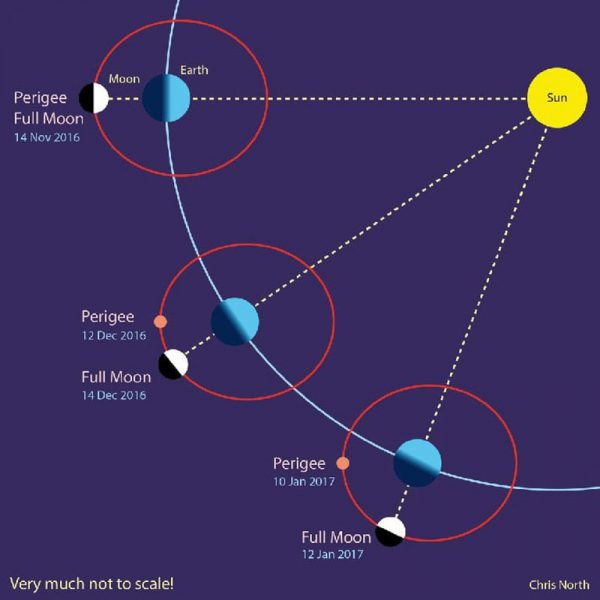 The Moon’s orbit, showing perigee and full moon. Image by Chris North, Cardiff University