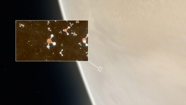 An artist's depiction of Venus and, in the inset, phosphine molecules. Image Credit: ESO/M. Kornmesser/L. Calçada & NASA/JPL-Caltech